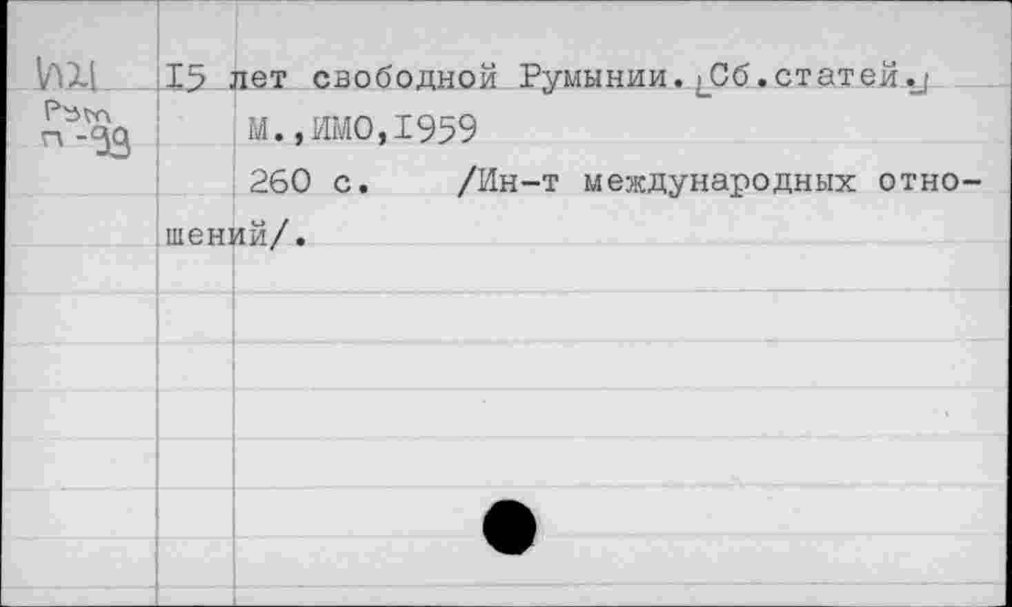 ﻿И.Х1_

п -<зз
15 лет свободной Румынии. ^Сб.статей.^/
М.,ИМО,1959
260 с. /Ин-т международных отношений/.